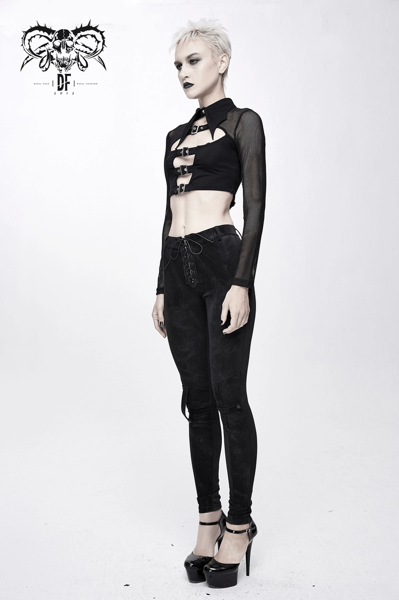 Gothic punk crop top featuring black mesh construction and leather buckle accents