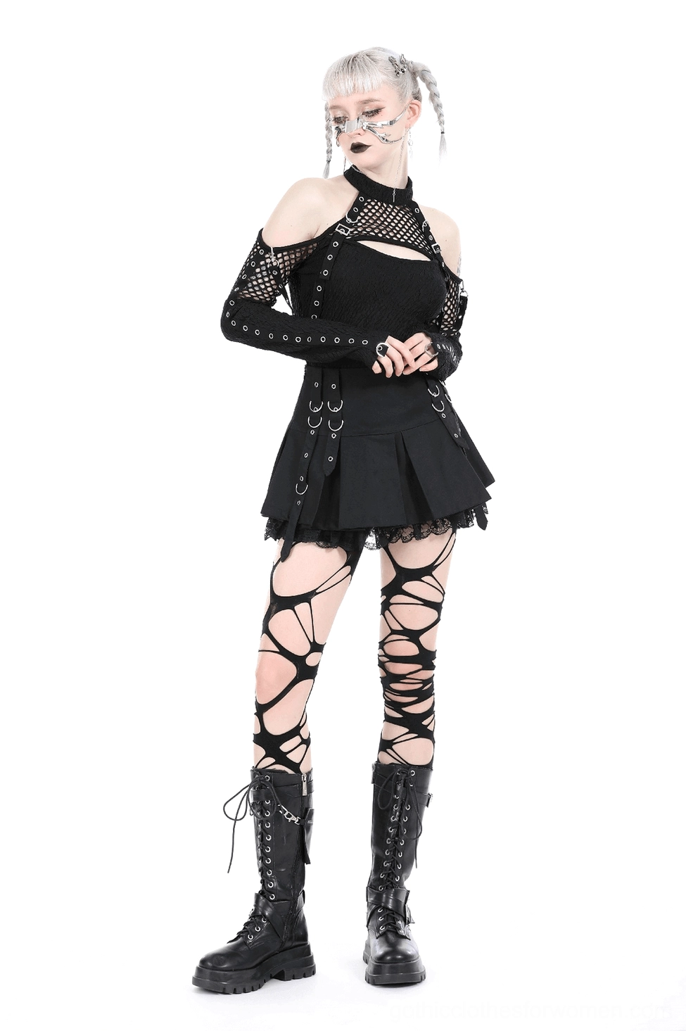 Punk gothic black mini skirt featuring lace trim, high-waisted cut, and metal O-ring side straps detail view