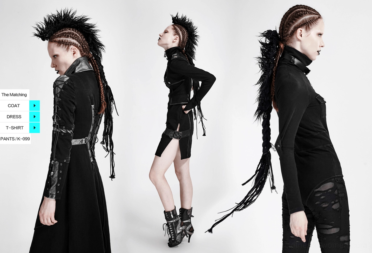 Multiple female goth models wearing black punk mohawk hair accessory showing various styling options and alternative fashion coordination