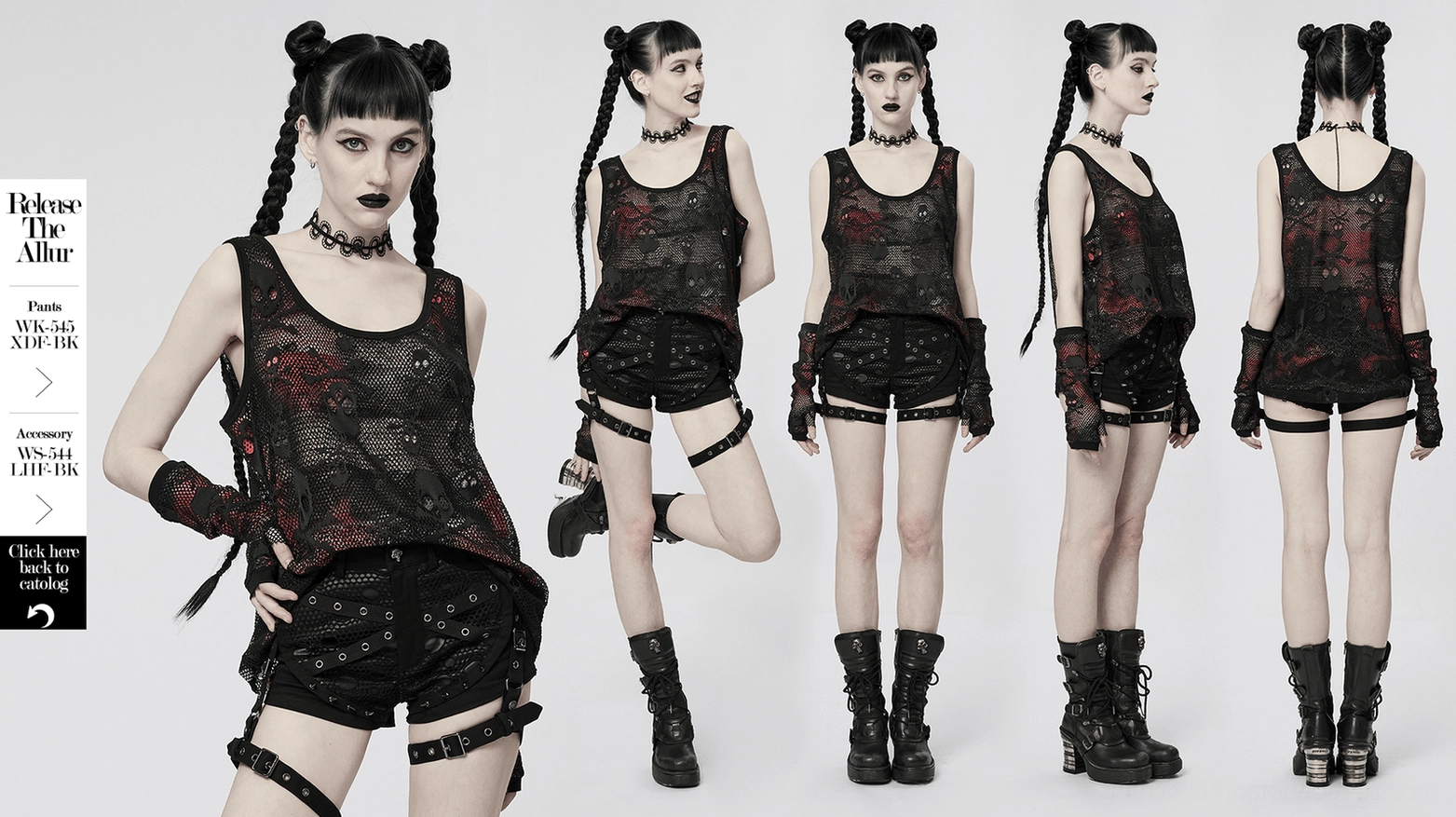 Black skull mesh tank top with independent fingerless gloves showing punk-gothic style combination
