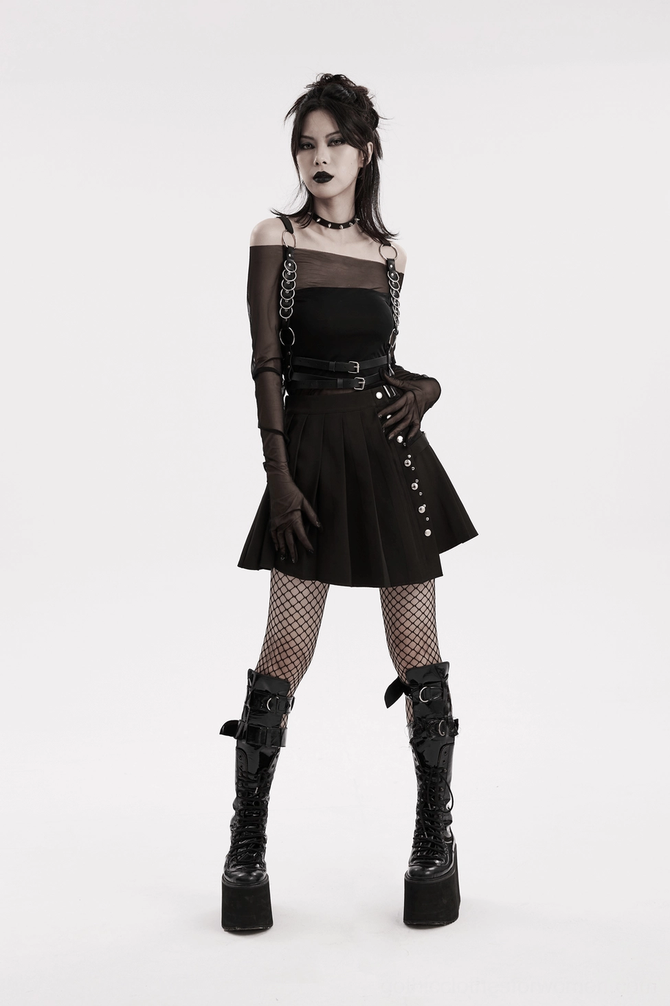 Punk body harness worn on gothic model - full front torso view with metal rings and adjustable straps