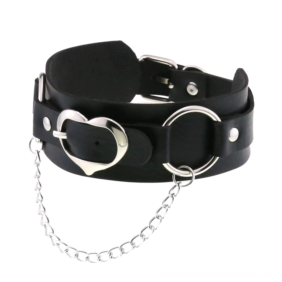 Punk adjustable leather choker with heart-shaped silver buckle and attached metal chain detail