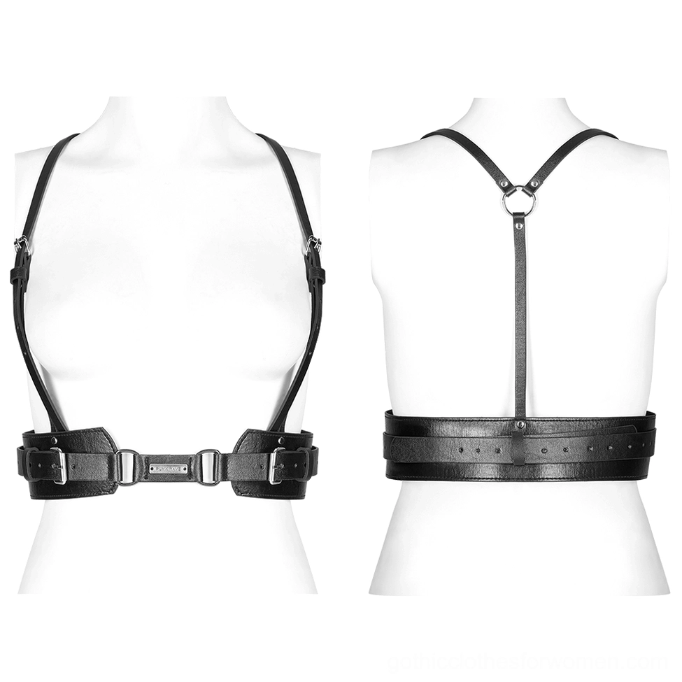 Black PU leather body harness front and back mannequin view, dual waist belt system and decorative bow detail