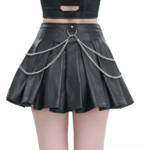 Women's black punk mini skirt with layered metal chains and D-ring hardware, waist detail view