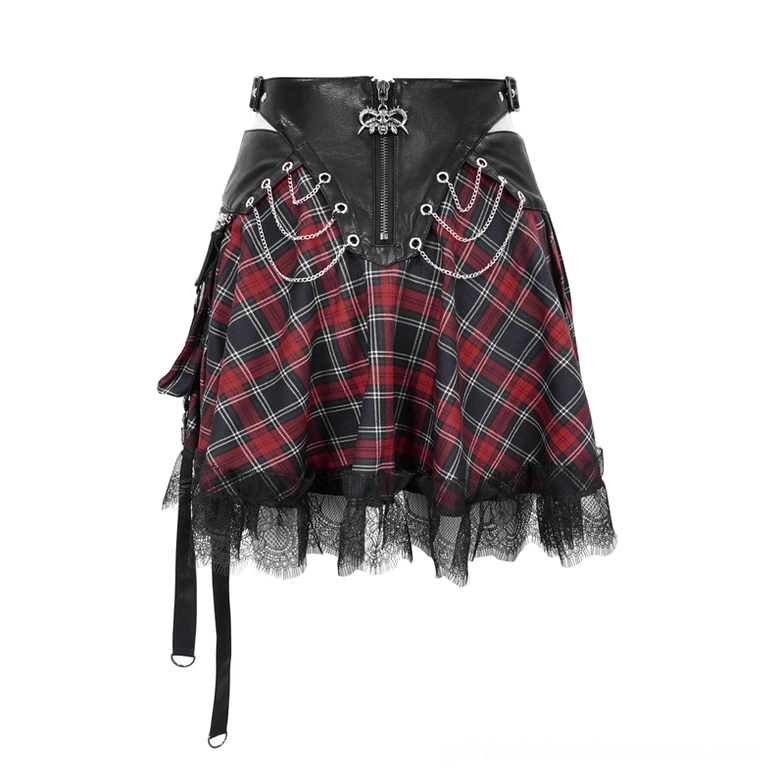 Punk plaid chain skirt flat lay, leather waist panel with metal chains and red-black tartan pattern