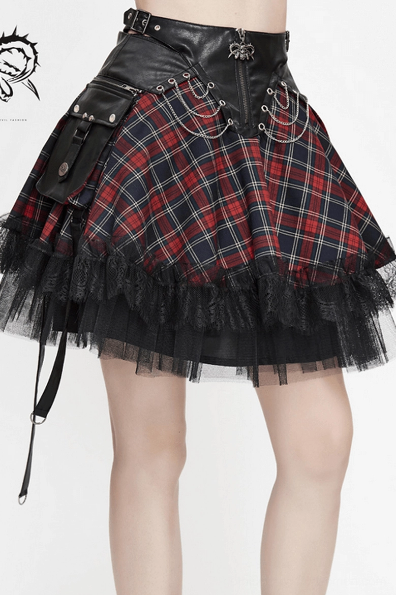 Punk rock tartan chain skirt flat lay back view with mesh and metal chain embellishments