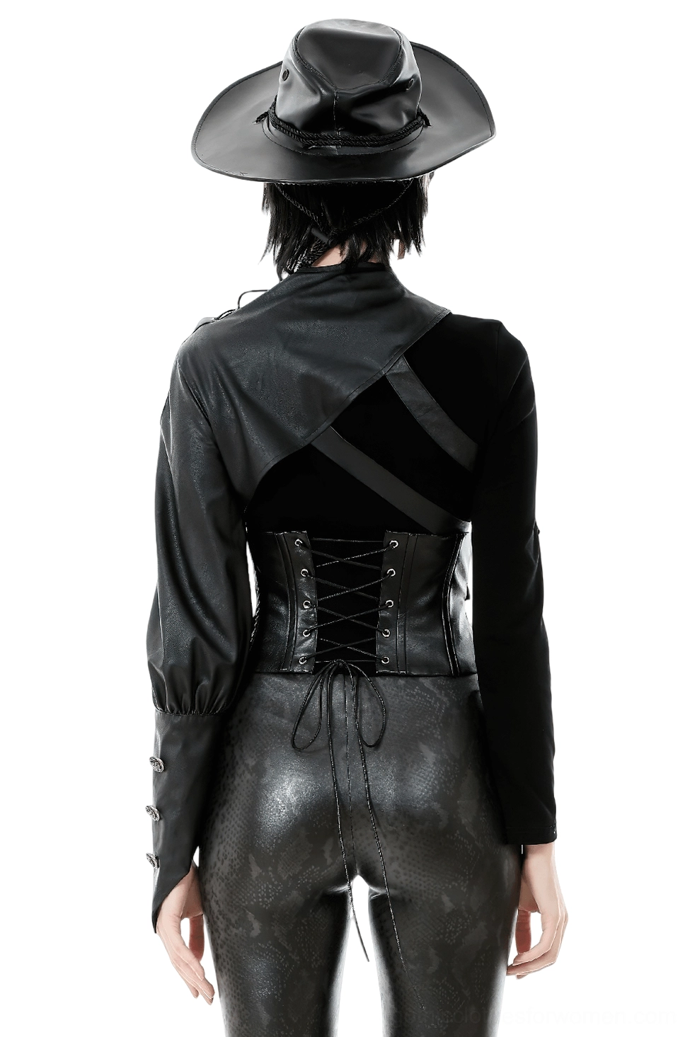 Back view of asymmetric leather cape showing lace-up corset back design and single dramatic puff sleeve, gothic fashion