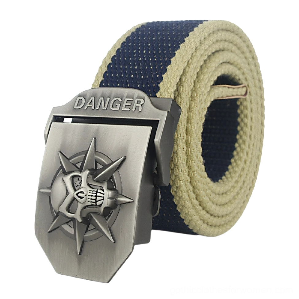 Navy blue beige striped punk canvas belt featuring silver memento mori skull buckle