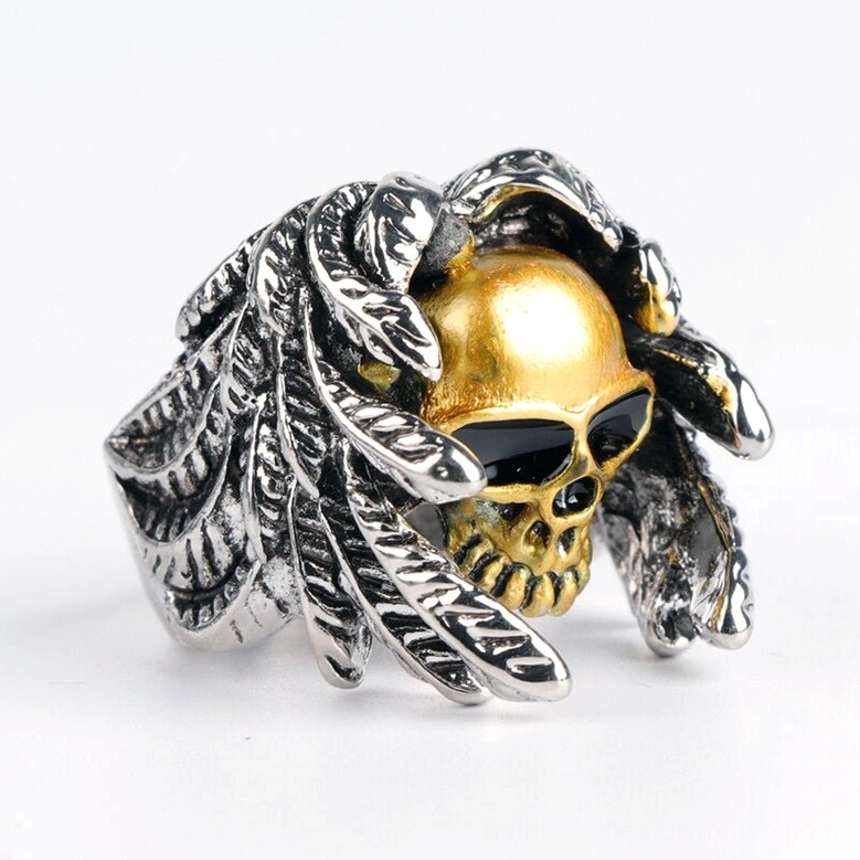 Punk skull finger ring right front view, antique silver feather frame with gold skull details