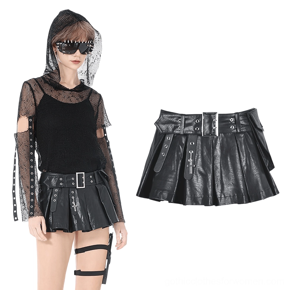 Complete punk techwear pleated skirt set styled with hood veil and sunglasses for edgy alternative look