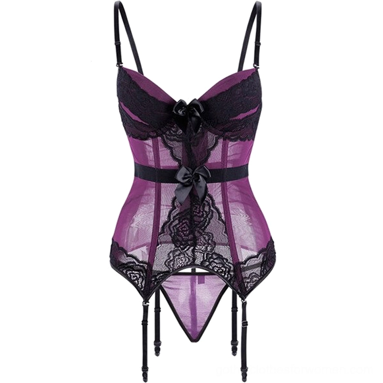 Purple and black gothic corset lingerie with floral lace, bow accents, and garter straps, rear flat lay view