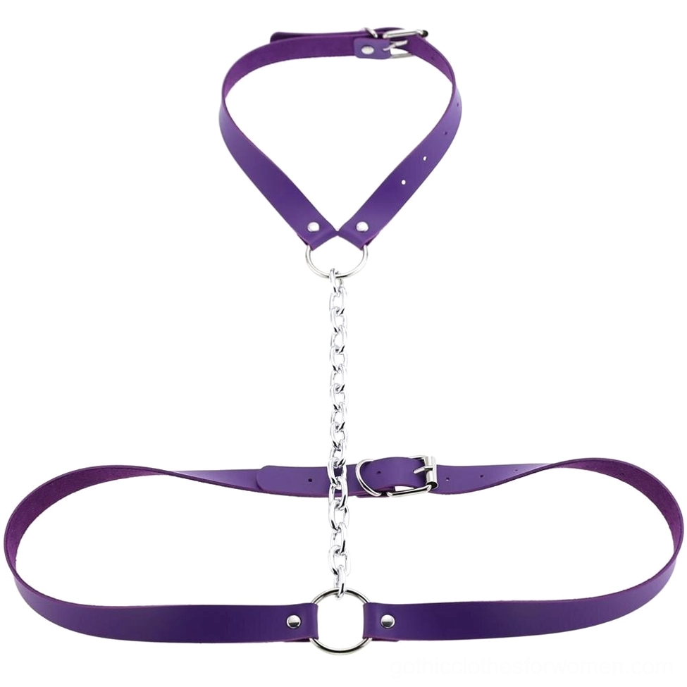 Purple vegan leather gothic body harness with silver metal chain and adjustable straps