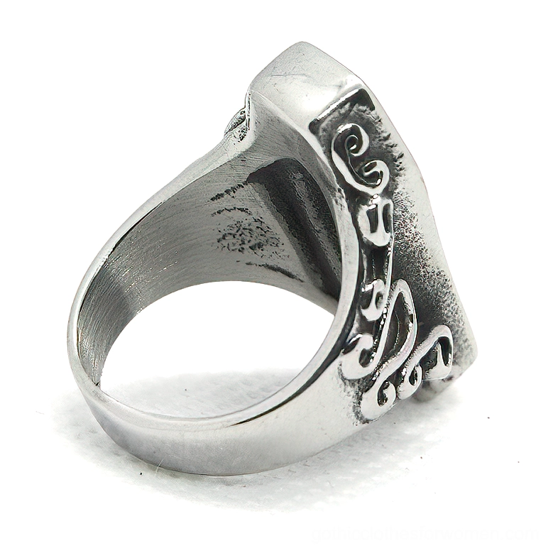 Purple coffin mummy ring back inner band view with stainless steel scroll engraving details