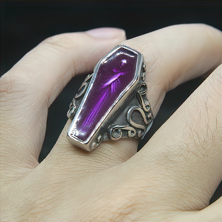Purple coffin mummy stainless steel gothic ring worn on finger unisex wearable alternative jewelry