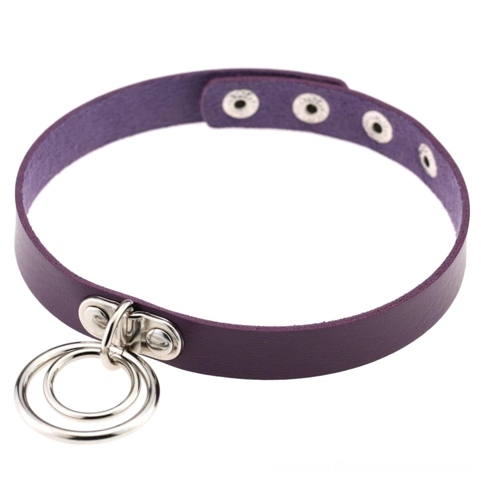 Purple adjustable gothic choker necklace with double metal rings, PU leather construction