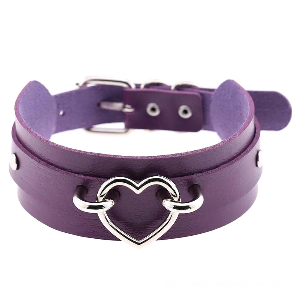 Dark purple gothic heart choker with adjustment holes and silver decorative heart centerpiece