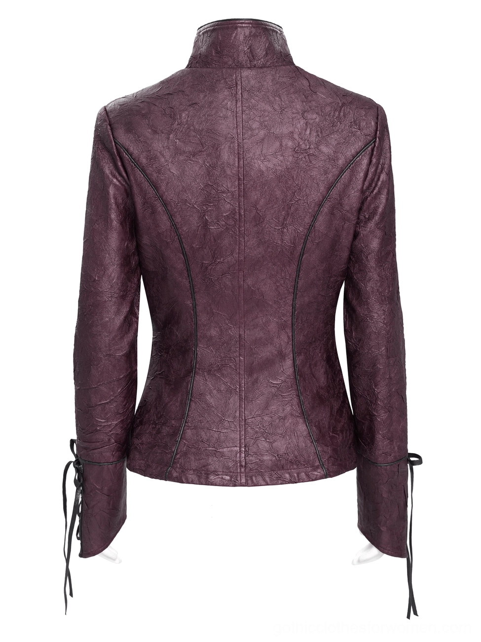 Back flat lay view of purple gothic jacket displaying back seam stitching and drawstring cuff details