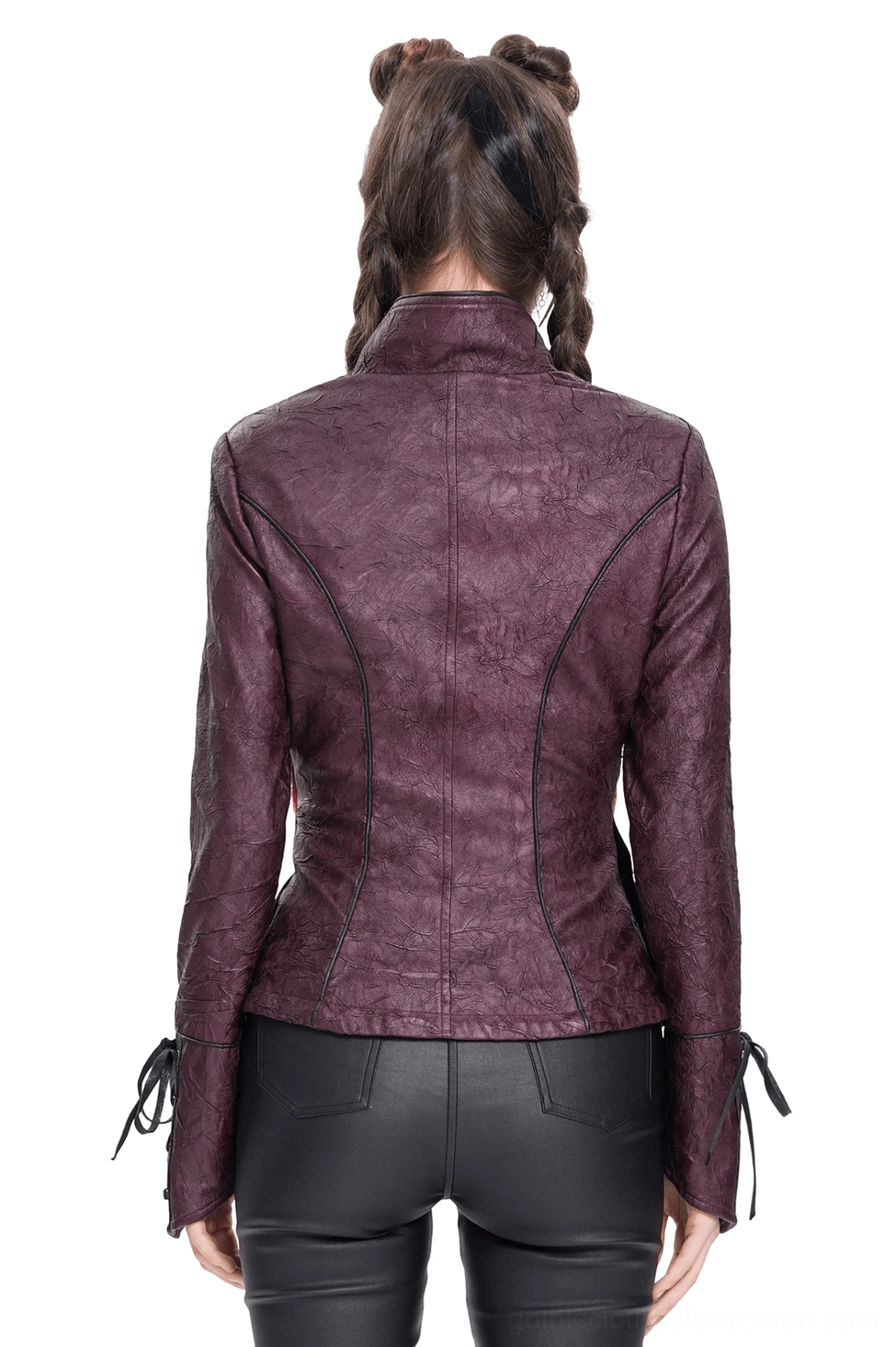 Gothic purple leather jacket back view showing fitted seams and drawstring cuffs on model
