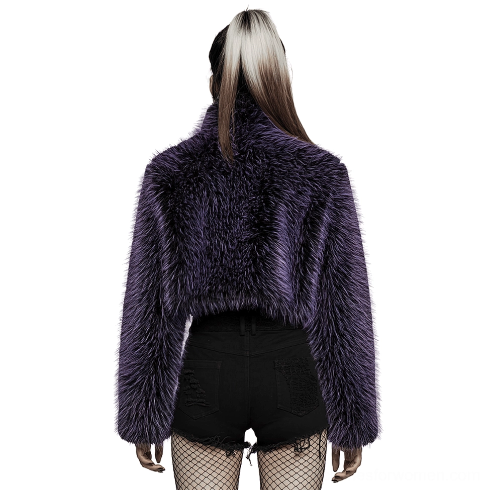Back view of purple shaggy cropped faux fur gothic jacket showing extended back length and high collar