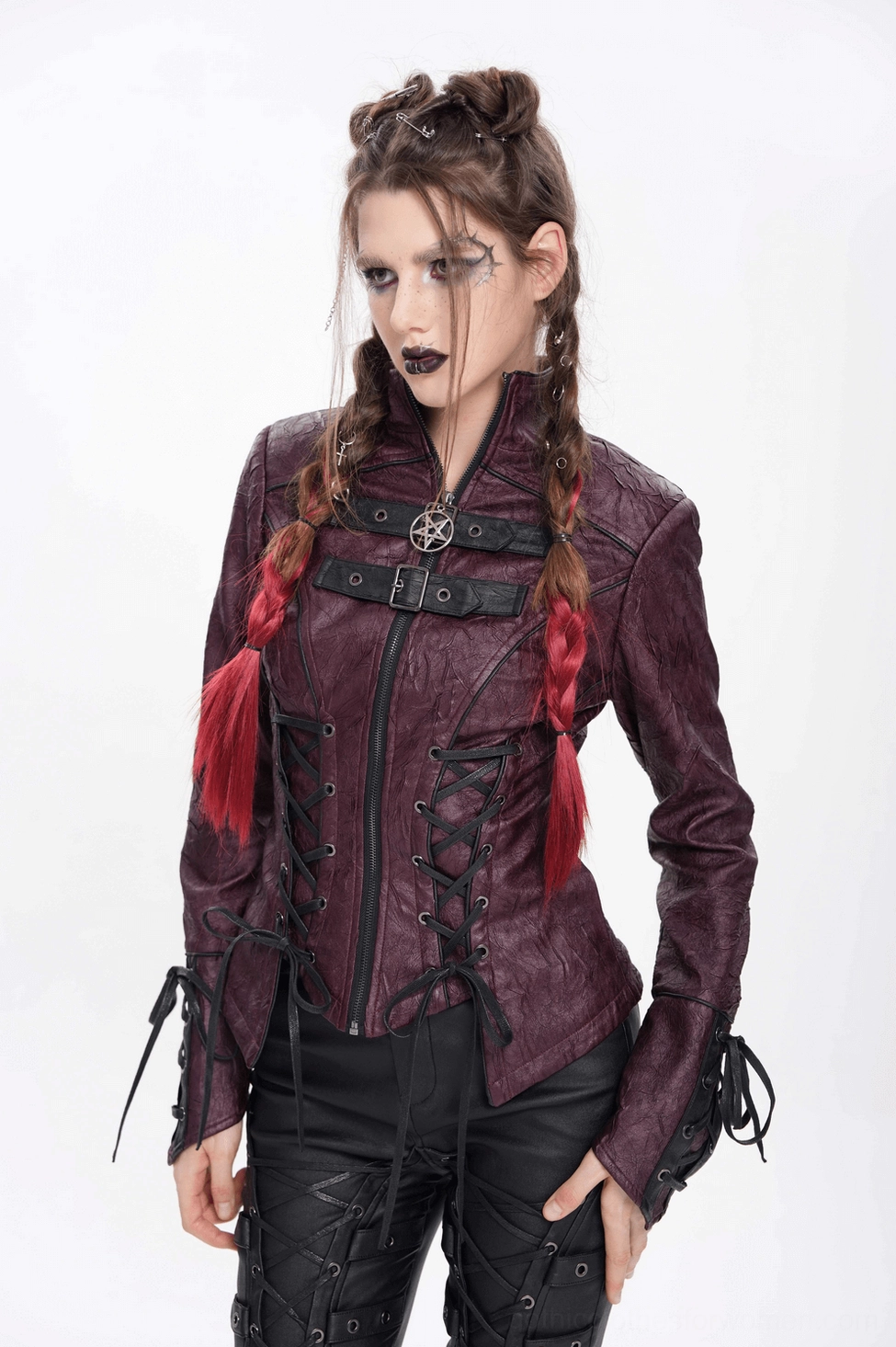 Purple gothic faux leather jacket detail shot showing buckle placement and pentagram zipper on chest