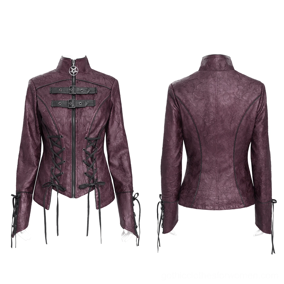 Front and back flat lay display of purple gothic faux leather jacket with crinkled texture detail
