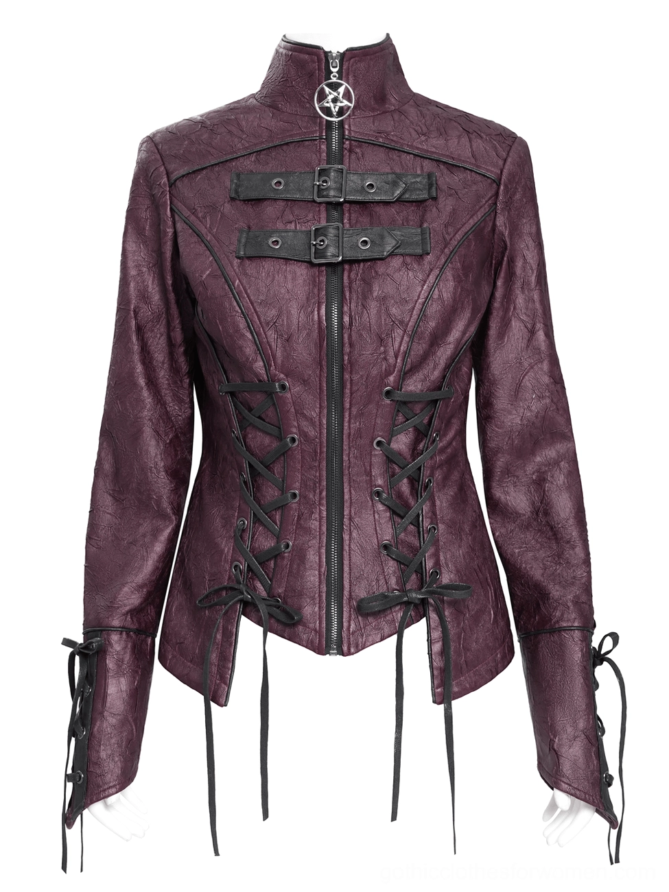 Front flat display of purple gothic jacket showing dual chest buckles, pentagram zipper, and side lace-up details
