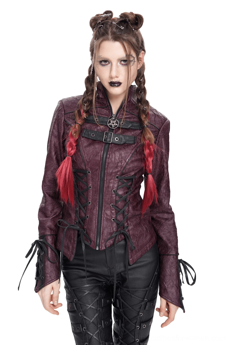 Women's gothic purple faux leather jacket with pentagram zipper and buckles, front view on model with braided hair