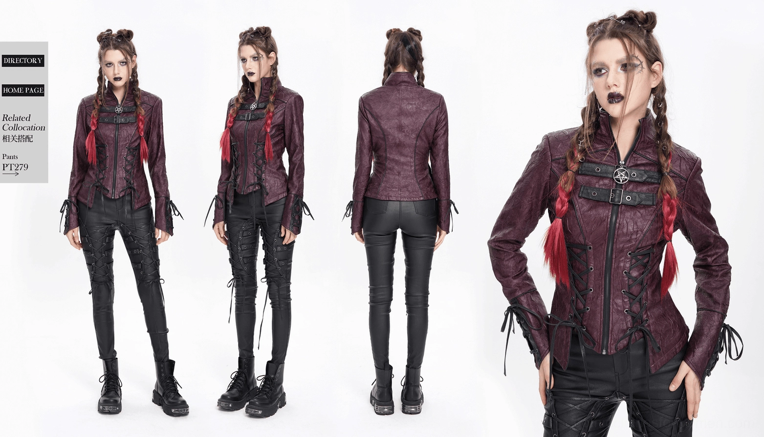 Detail view of purple gothic jacket's lace-up side seams and overall jacket construction quality