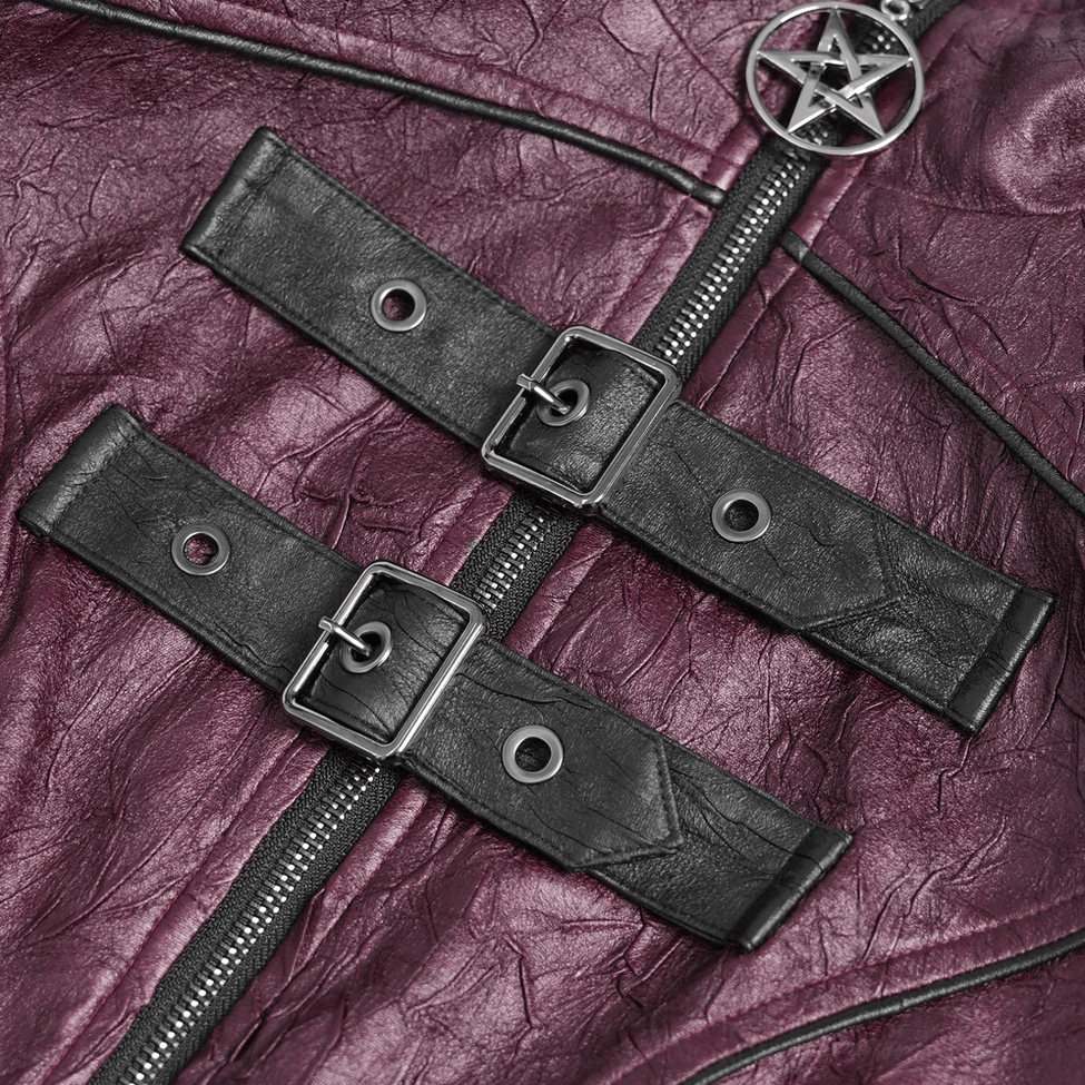 Pentagram zipper hardware detail and chest buckle accent on purple gothic women's jacket