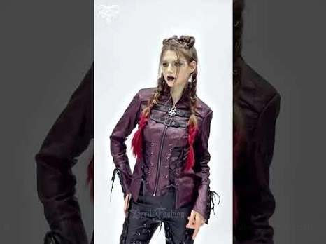 Cropped front view of women's purple gothic jacket with pentagram zipper detail and chest buckles