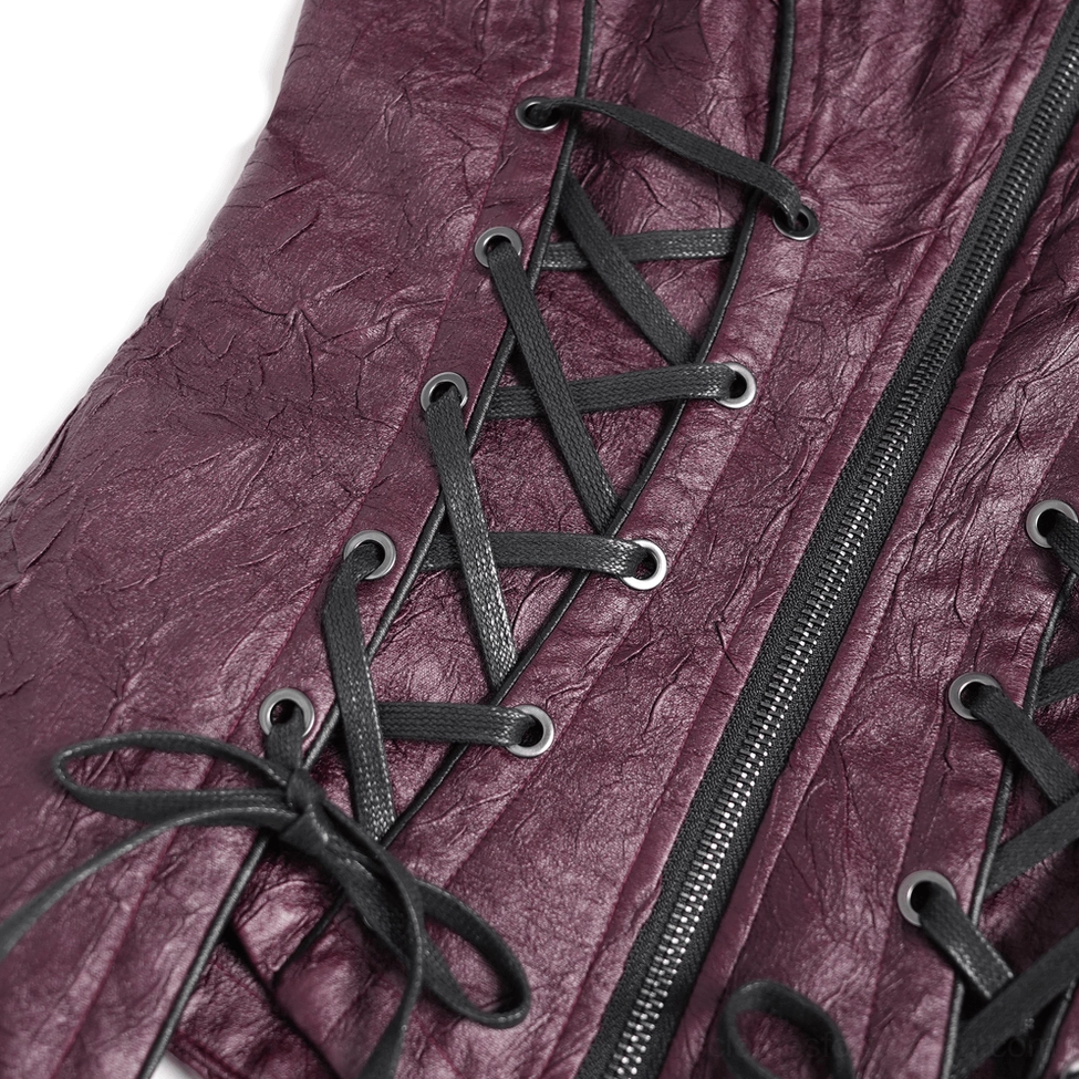Side lace-up corset detail of purple gothic jacket showing adjustable fit design
