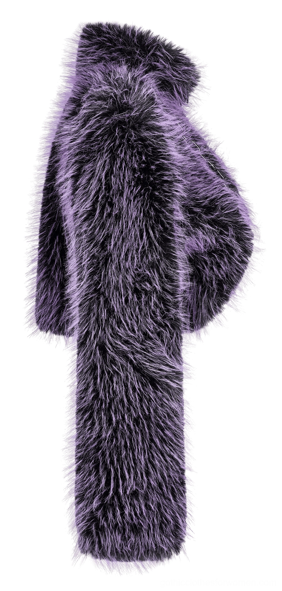 Side view flat lay of purple shaggy gothic jacket showing sleeve length and high collar structure