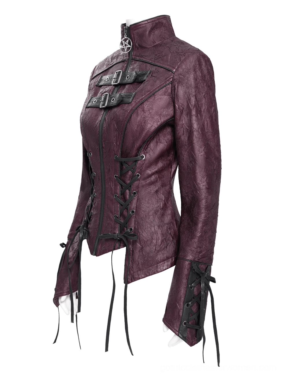 Side three-quarter view of purple gothic faux leather jacket showing slim silhouette and lace-up side seams