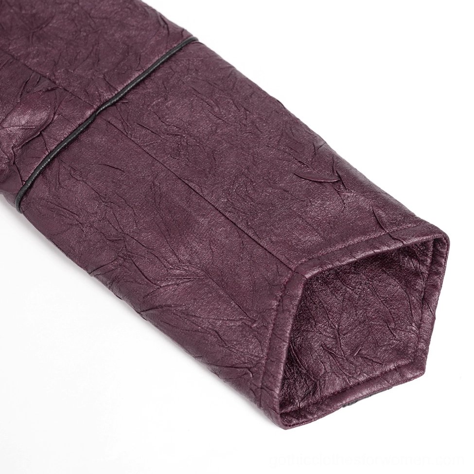 Sleeve and cuff detail of purple gothic jacket showing tied drawstring cuff design