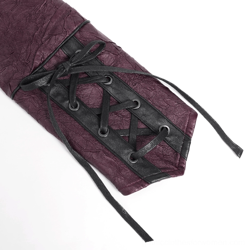 Stand collar and neckline detail of purple gothic women's jacket with pentagram zipper
