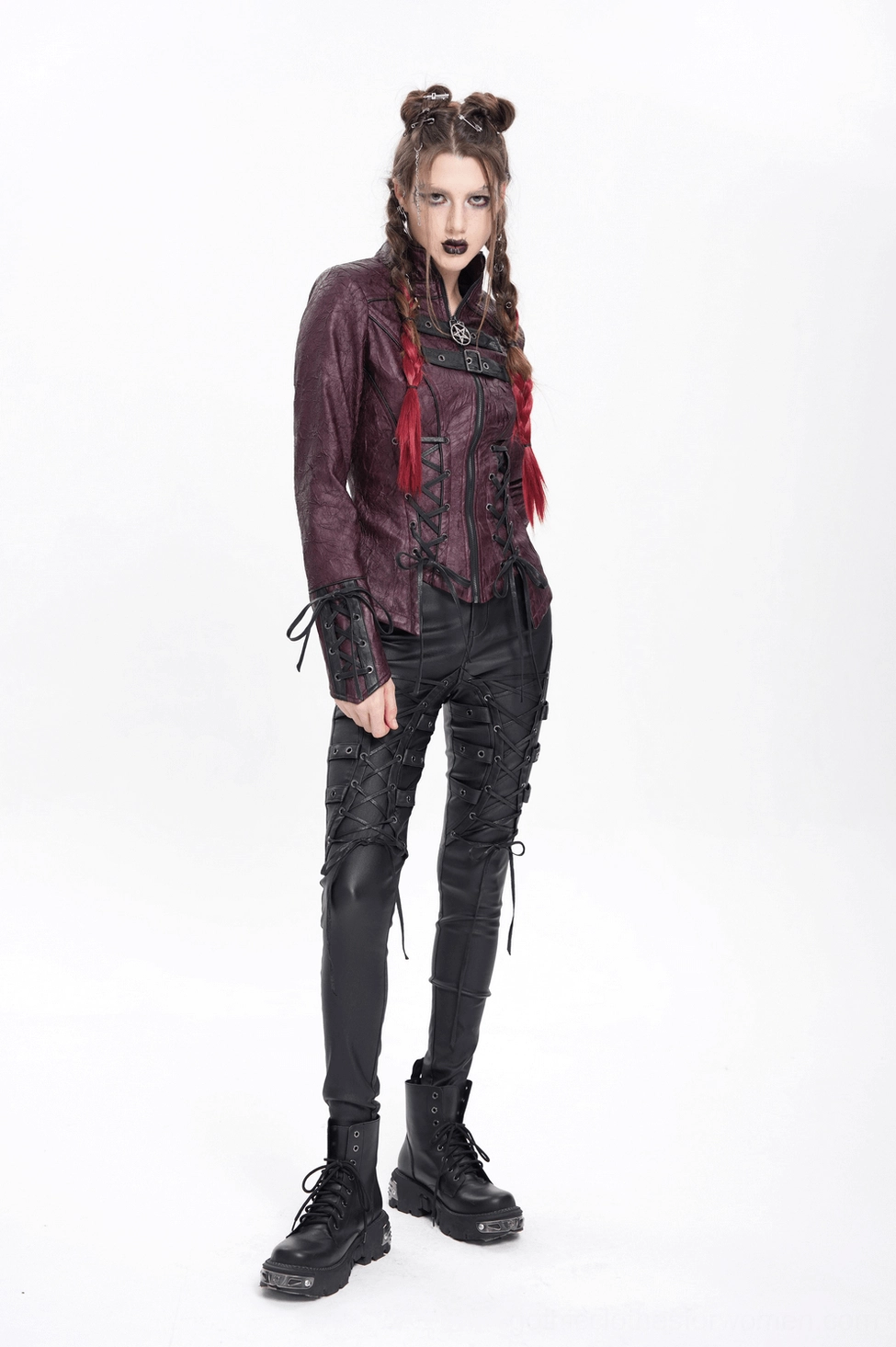 Model wearing purple gothic jacket styled with alternative fashion accessories and dark clothing