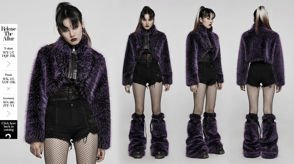 Purple shaggy cropped gothic jacket styling detail shot with model wearing piece