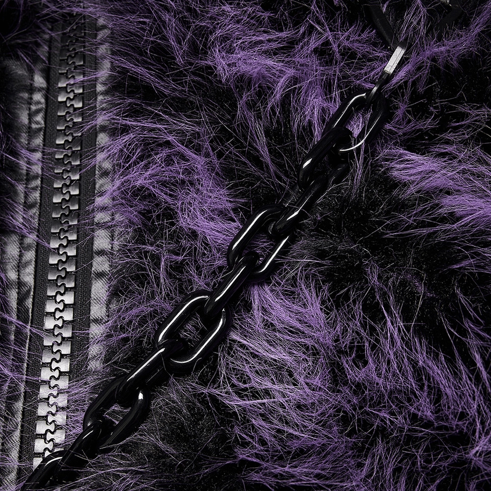 Purple shaggy gothic cropped jacket styled outfit flat lay composition