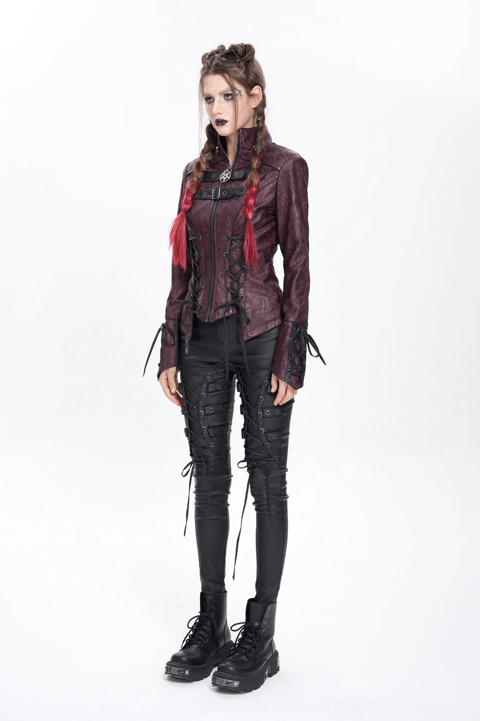 Three-quarter angle studio view of women's purple gothic jacket with fitted silhouette