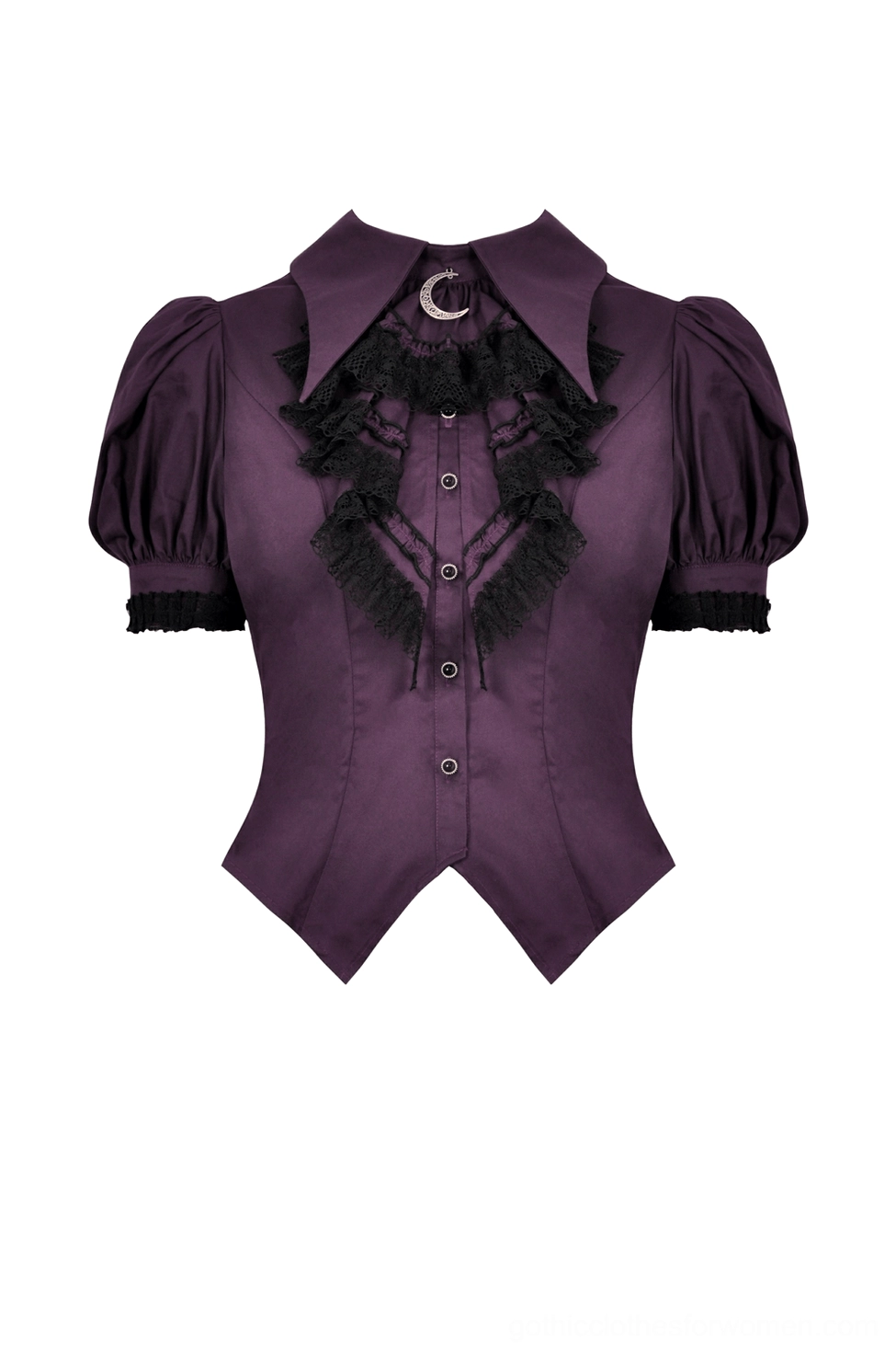 Front flat lay of gothic puff sleeve blouse showing button placket, crescent moon brooch, and layered black lace ruffles