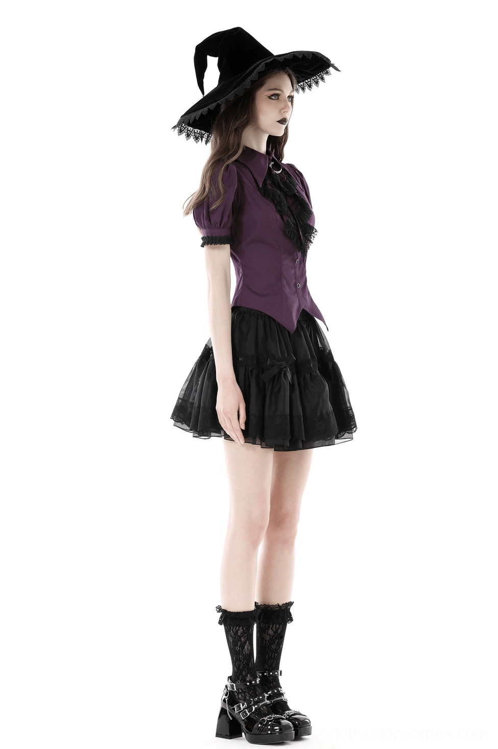 Additional view of purple gothic lace blouse with puff sleeves, crescent moon brooch, and black lace ruffles on white background