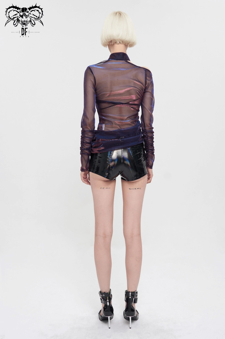 Purple gothic mesh irregular crop top asymmetrical design focal point