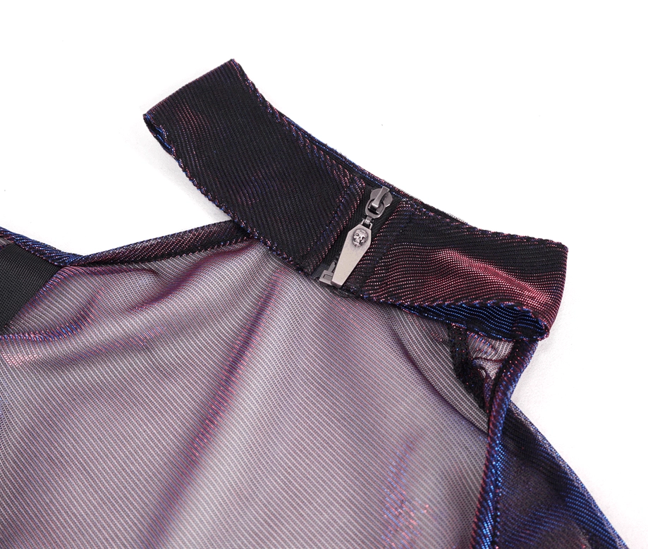 Collar and shoulder close-up detail of purple gothic top showing zip-up choker and one-shoulder design