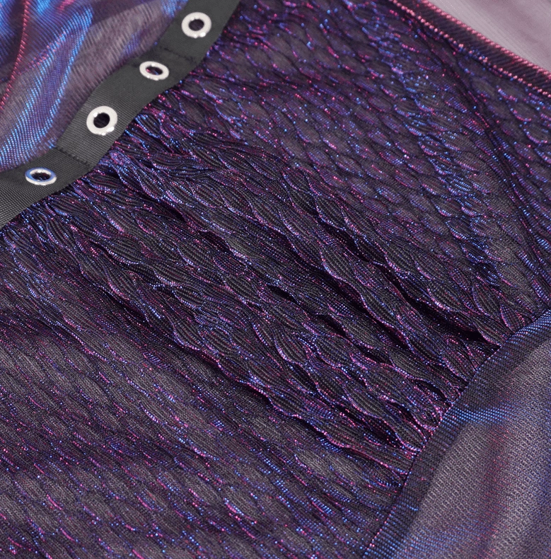 Purple gothic mesh irregular top front presentation with buckle strap hardware visible