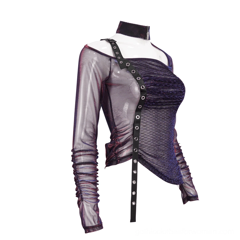 Side front angle of purple gothic mesh irregular top showing high neck collar and iridescent sheen