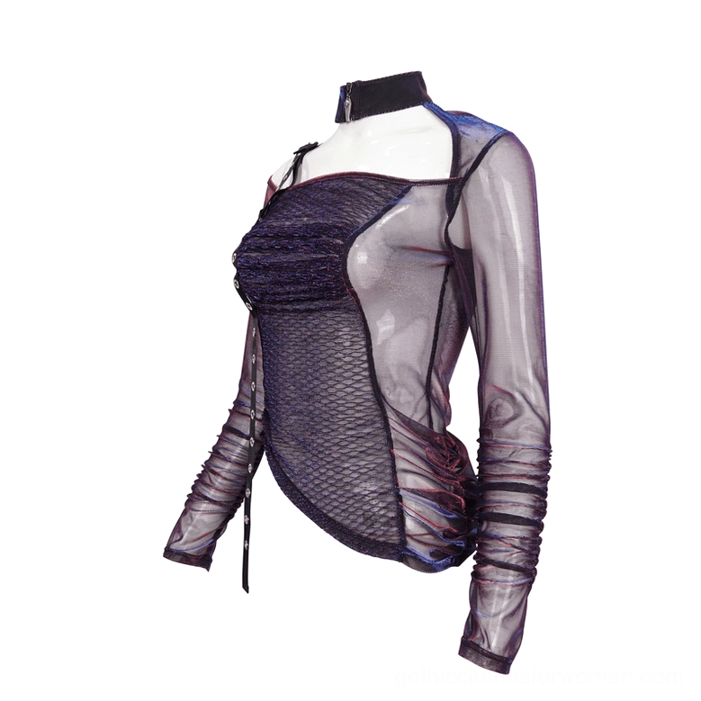 Purple mesh gothic top three-quarter front view on mannequin displaying asymmetrical hem and buckle hardware