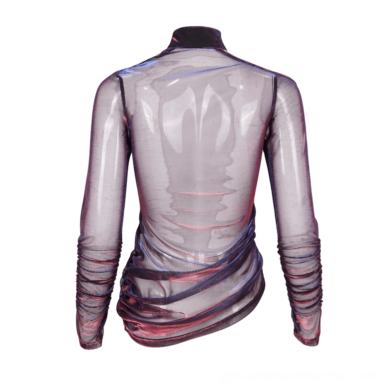 Back straight view of purple gothic mesh top with ruched sleeve detail and wrapped side hem