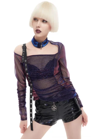 Purple gothic mesh irregular top with adjustable buckle shoulder strap, front three-quarter view on female model