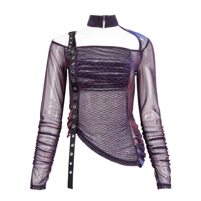 Purple mesh gothic irregular top front full view on mannequin with zip-up choker collar and adjustable buckle