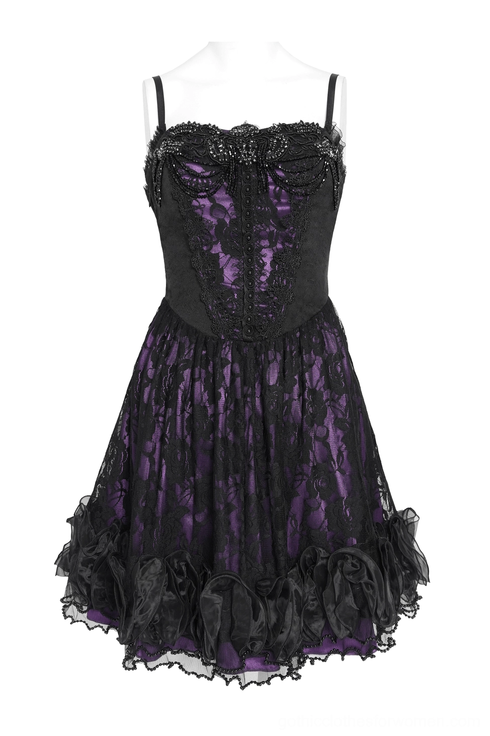 Full-length gothic corset mini dress on mannequin with feathered headpiece and dramatic studio lighting